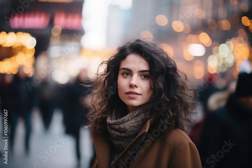 Portrait of a beautiful young woman with curly hair in the city