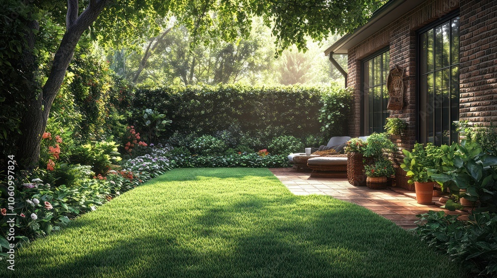 A lush green lawn with a brick patio and lounge chairs in a sunny garden. A lush green lawn with a brick patio and lounge chairs in a sunny garden.