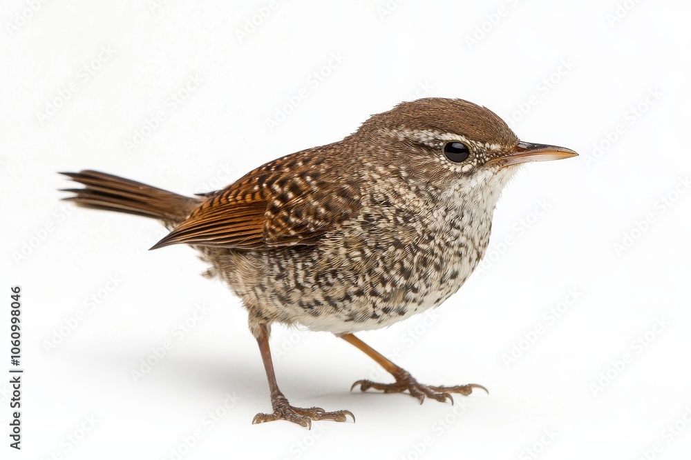 Fototapeta premium A close-up of a Pacific Wren, a small brown bird with speckled feathers, perched on a white background. Its tiny beak and bright eyes are visible, and its tail feathers are spread out slightly. This i