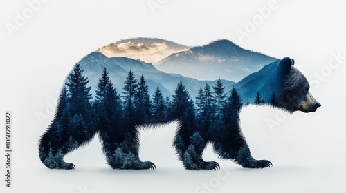 Silhouette of a bear with mountains and trees inside, a double exposure effect image.