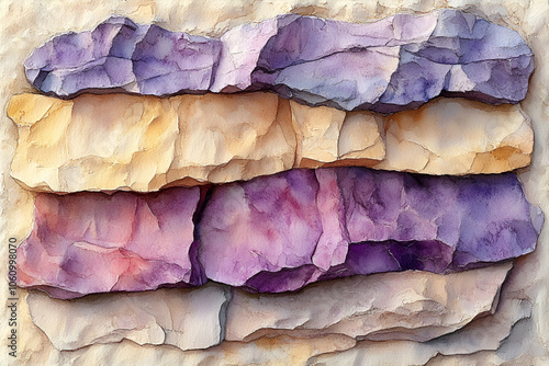 A textured wall made of layered stones in shades of purple, cream, and beige, resembling a natural rocky structure.