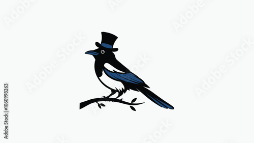 Elegant Magpie Wearing a Top Hat Sitting on a Branch 