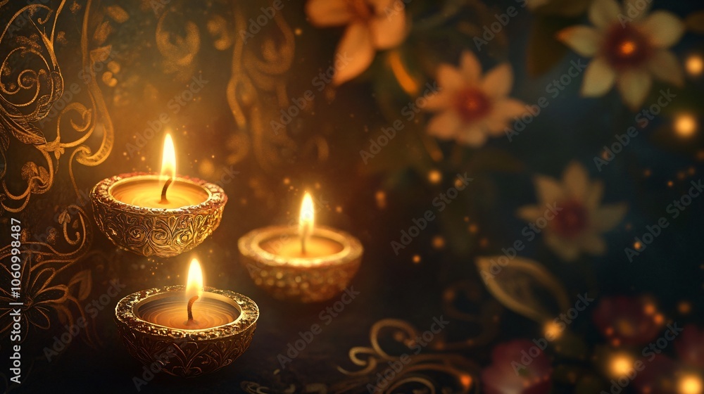 Illuminated Diyas with Floral Background Illuminated Diyas with Floral Background
