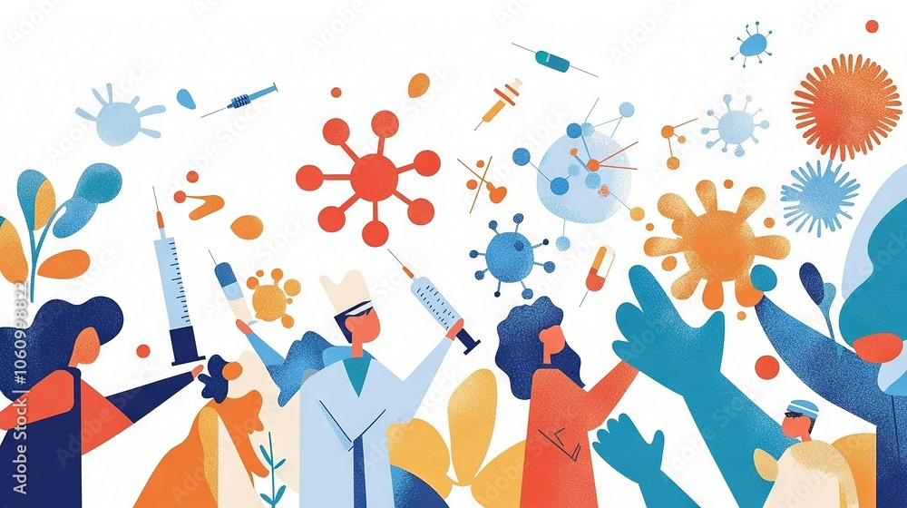 A cluster of individuals positioned together against a white backdrop, featuring blue, orange, and red motifs A cluster of individuals positioned together against a white backdrop, featuring blue, orange, and red motifs