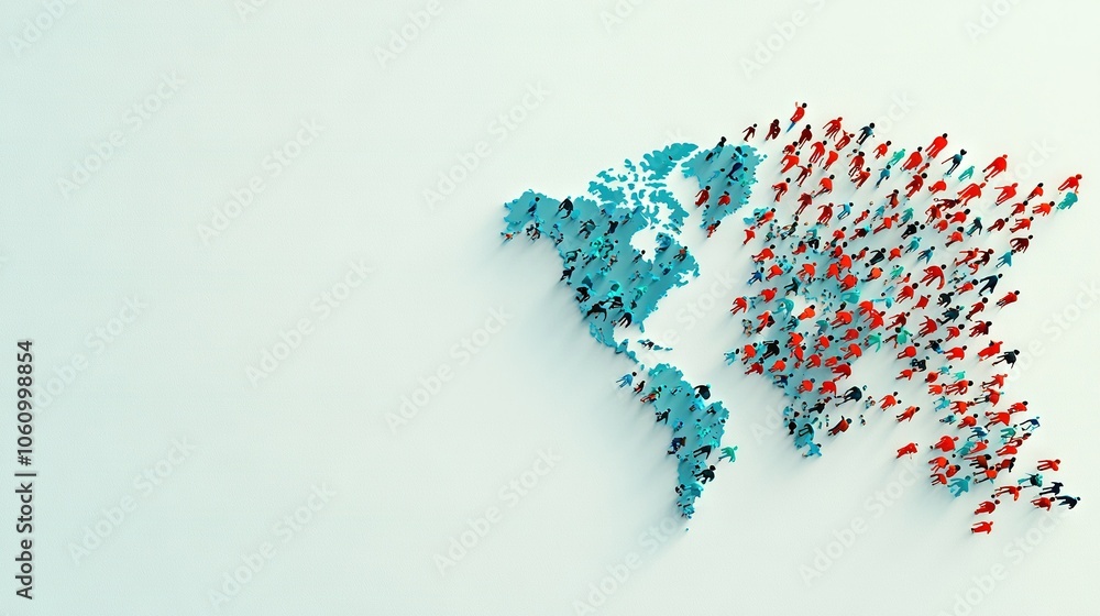 A group of people standing on a white background, formed into the shape of a world map with blue and red accents A group of people standing on a white background, formed into the shape of a world map with blue and red accents