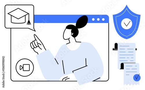 Person pointing at a graduation cap on a web browser screen, along with a video call icon, certificate, and security shield. Ideal for education, online learning, certification, security, digital