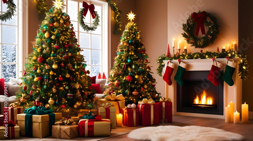 Christmas living room scene with a beautifully decorated tree, wrapped gifts, and a lit fireplace