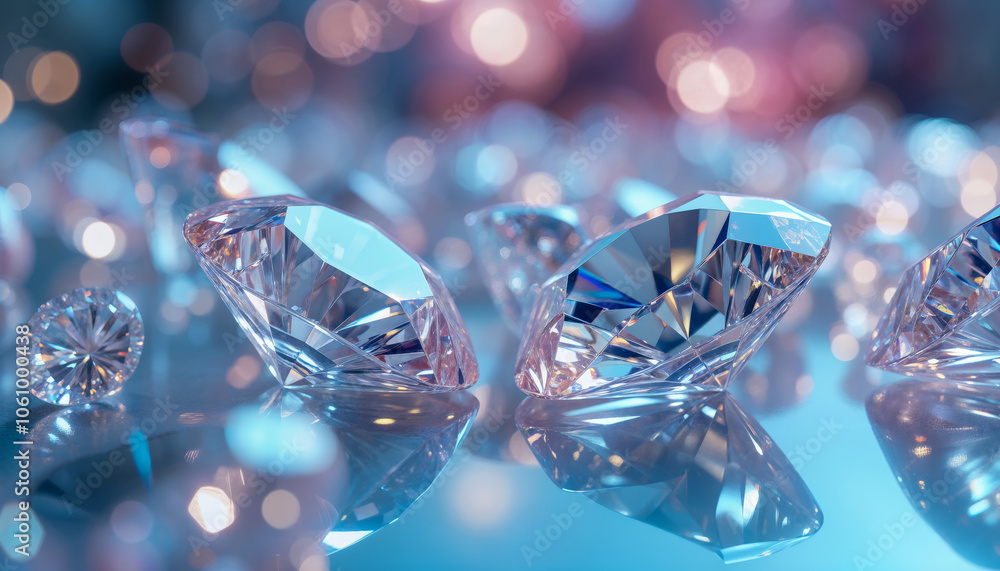Close-up of sparkling diamonds placed on a reflective surface, showcasing their brilliance and clarity under soft lighting Close-up of sparkling diamonds placed on a reflective surface, showcasing their brilliance and clarity under soft lighting