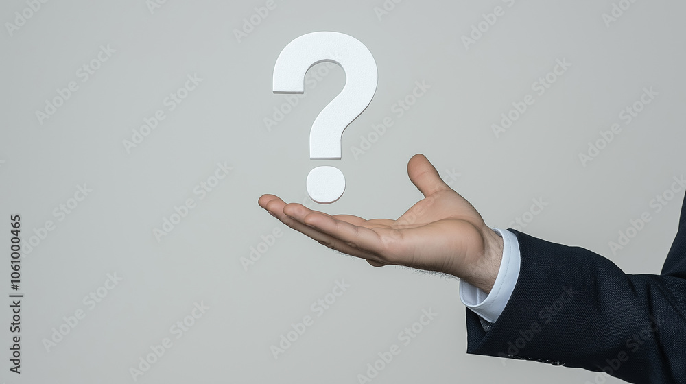 Hand holding question mark, symbolizing uncertainty, inquiry, or curiosity in business and life, minimalistic concept Hand holding question mark, symbolizing uncertainty, inquiry, or curiosity in business and life, minimalistic concept