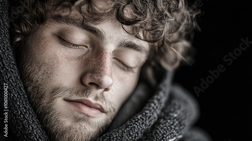 A young man sleeping peacefully wrapped in a cozy scarf during a quiet evening. Generative AI