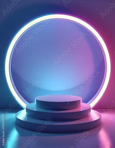 A pastel circular podium with vibrant pink and blue gradient tones,illuminated by soft,diffused light. Clean, modern aesthetic, vibrant colors, and minimalistic design, scene for products.