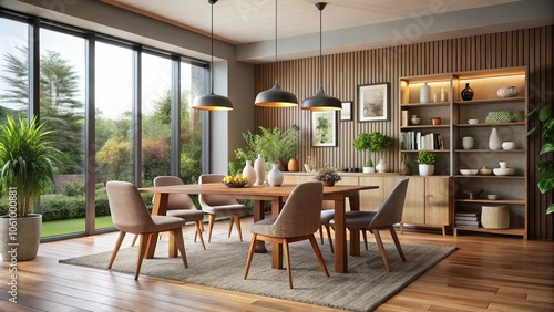 Home mock up, cozy modern dining room interior background, 3d render