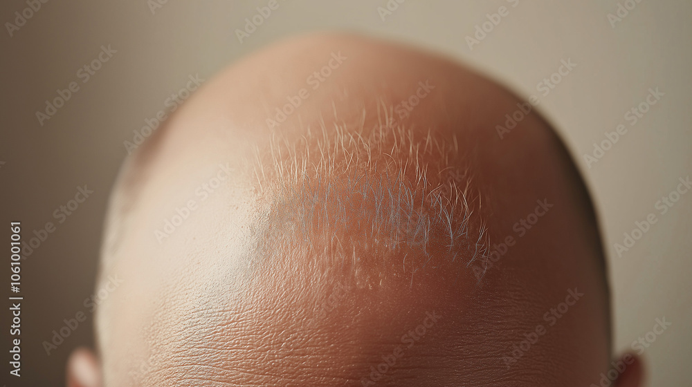 Close-up of bald head showing hair loss, scalp detail, concept of male pattern baldness and aging, medical condition Close-up of bald head showing hair loss, scalp detail, concept of male pattern baldness and aging, medical condition