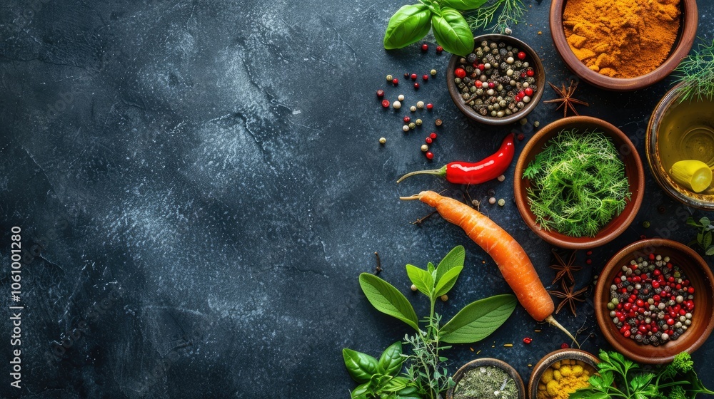 Variety of spices, herbs, and vegetables on dark stone table. Blank space for text. Overhead shot. Variety of spices, herbs, and vegetables on dark stone table. Blank space for text. Overhead shot.