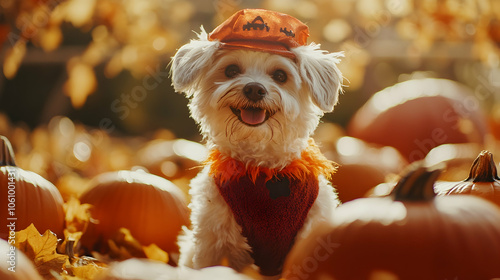 High Quality Adorable dog in Halloween costume surrounded by pumpkins, autumn theme photo