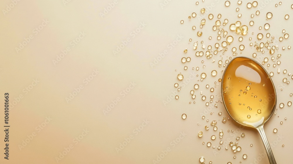 Golden Liquid Droplets on a Spoon with a Beige Background Golden Liquid Droplets on a Spoon with a Beige Background