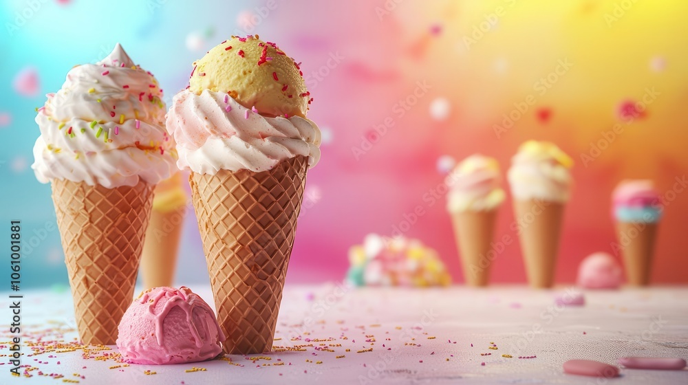 Ice cream menu, playful style with cone icons, 3D illustration Ice cream menu, playful style with cone icons, 3D illustration