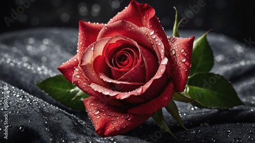 A detailed shot of a single red rose with dew drops glistening on its petals, showcasing the beauty and freshness of nature in a moment of tranquility photo