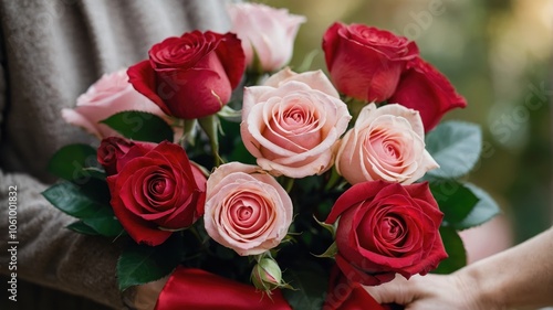 A detailed shot of a single red rose with dew drops glistening on its petals, showcasing the beauty and freshness of nature in a moment of tranquility photo