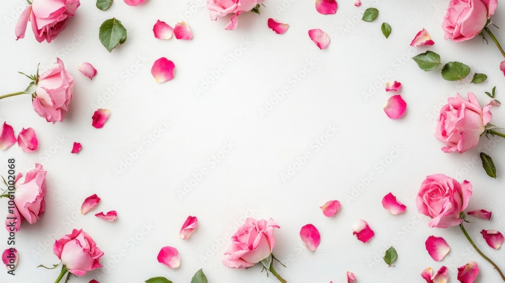 Pink Roses and Petals Arranged in a Circle Around a White Background Pink Roses and Petals Arranged in a Circle Around a White Background