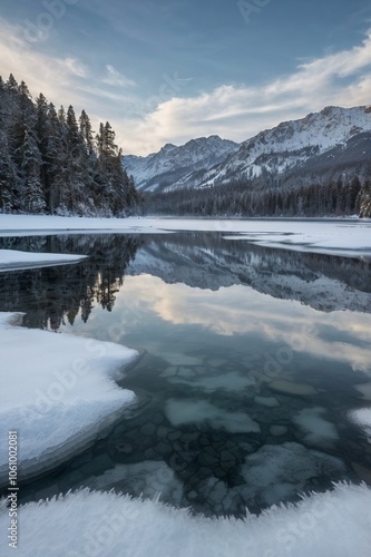 lake and mountains in winter time