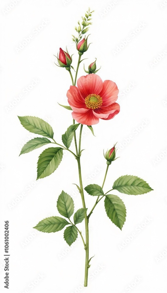 Obraz premium Vintage Botanical Illustration of Coral Rosehip with Delicate Green Foliage