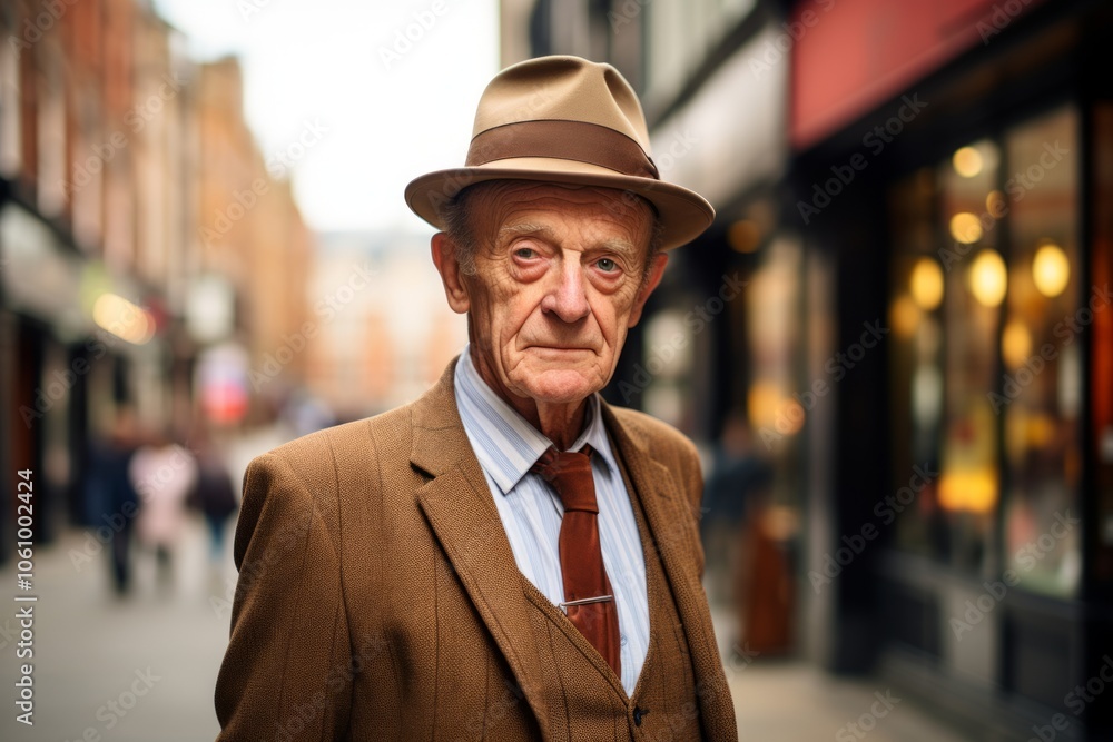 Elderly man wearing a hat walking in a city street. Elderly man wearing a hat walking in a city street.