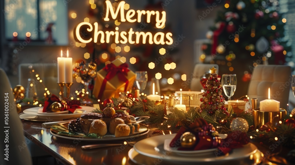 The dining table is set for a festive Christmas celebration, adorned with delicious treats, glowing candles, and vibrant decorations that create a warm atmosphere The dining table is set for a festive Christmas celebration, adorned with delicious treats, glowing candles, and vibrant decorations that create a warm atmosphere
