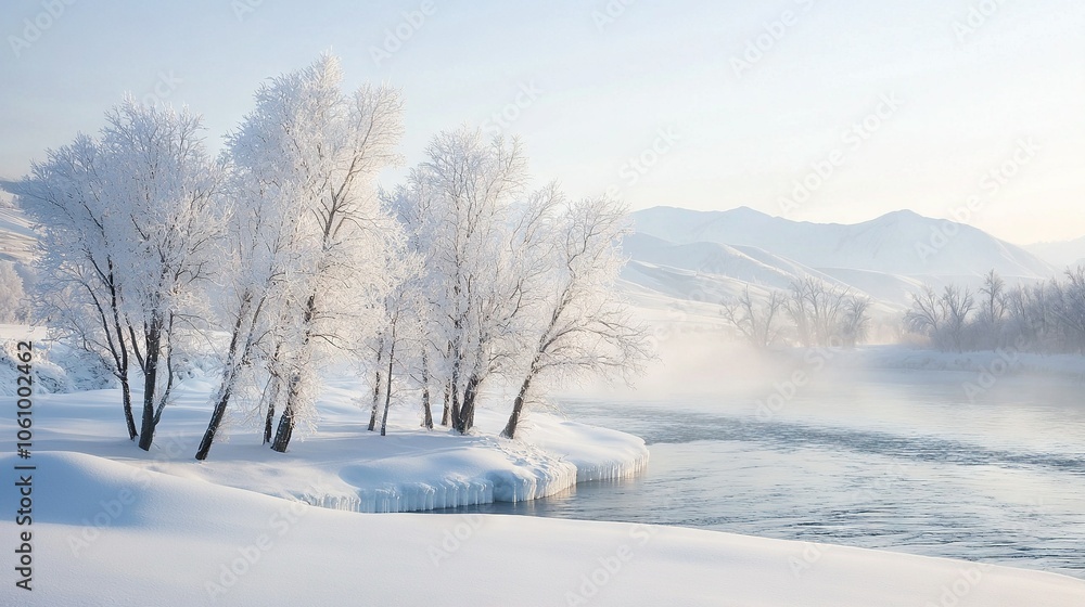 A snow-covered river runs through a forest of tall trees, while snow-capped mountains loom in the distance A snow-covered river runs through a forest of tall trees, while snow-capped mountains loom in the distance