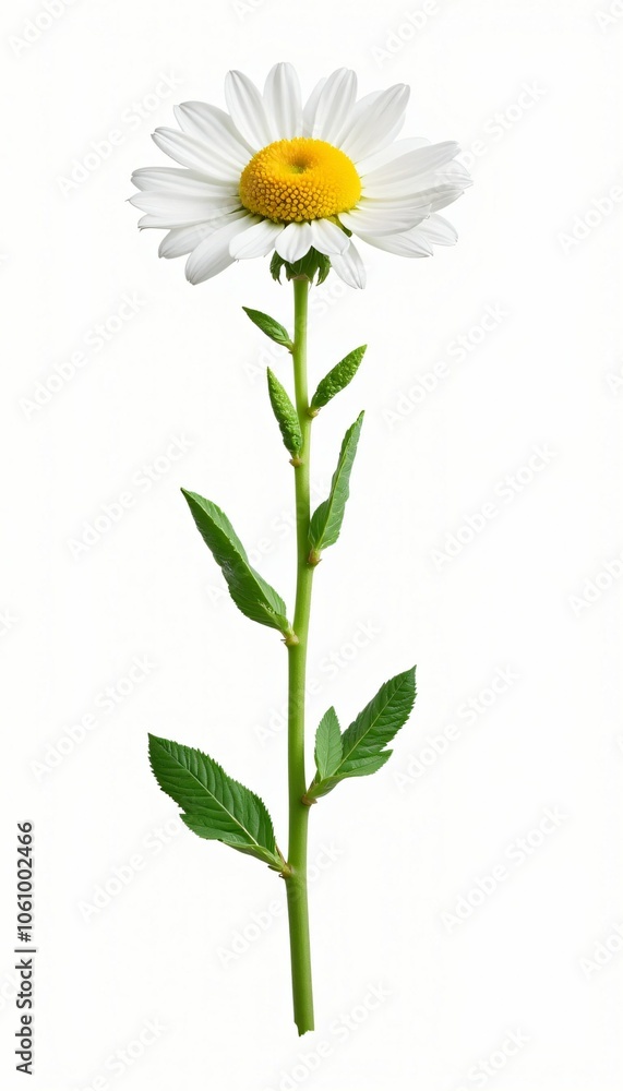 Fresh White Daisy Flower With Bright Yellow Center Against White Background Fresh White Daisy Flower With Bright Yellow Center Against White Background