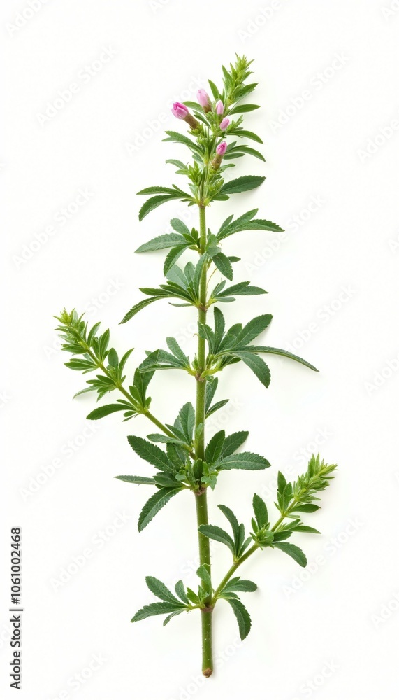 Delicate Green Branch With Pink Flower Buds On White Backgroun Delicate Green Branch With Pink Flower Buds On White Backgroun