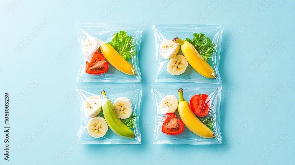 Naklejka premium A group of four plastic bags containing fruit and vegetables are placed on a blue surface against a light blue backdrop