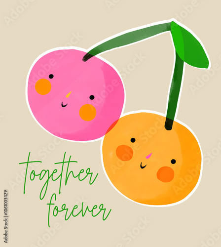 Two Happy Cherries On A Beige Background. Baby Shower Vector Card. Cute Twin Cherries. Together Forever. Infantile Drawing-like Hand Drawn Friendly Fruits. Nursery Art. Friendship Day Card. 