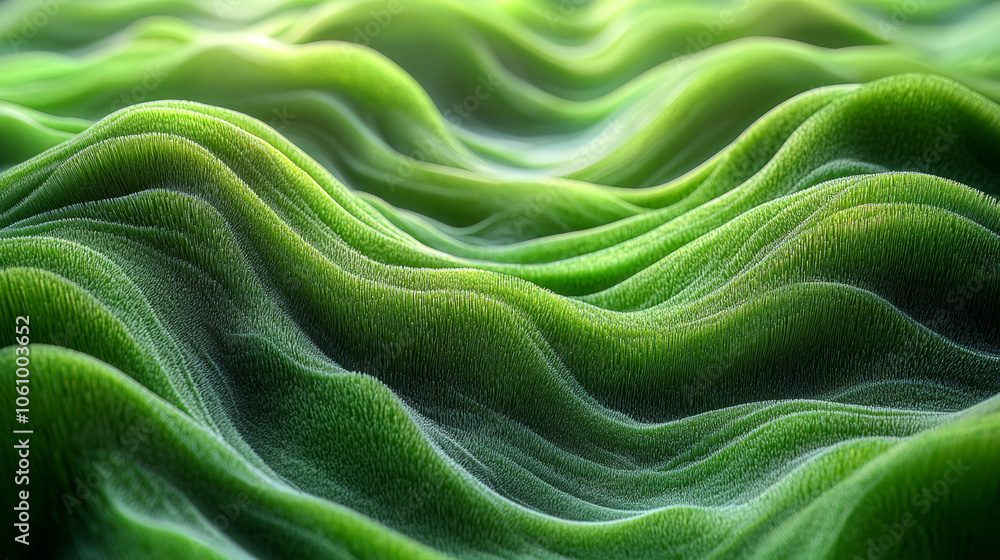 A hyper-detailed, high-contrast 3D rendering of abstract grass waves in green and gray tones. Generative AI A hyper-detailed, high-contrast 3D rendering of abstract grass waves in green and gray tones. Generative AI