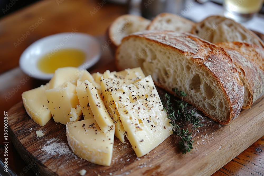 a wooden cutting board with freshly crafted cheese and artisan bread. a wooden cutting board with freshly crafted cheese and artisan bread.