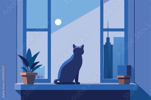The silhouette of a cat sitting on the windowsill and looking at the night city. Vector flat illustration
