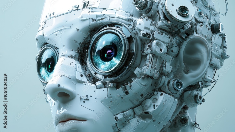 Fototapeta premium Close-up of a robot's face with intricate mechanical details and camera lenses for eyes.