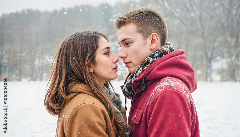 happy young couple enjoying snow at mountains, winter vacation, romance and lifestyle, people background