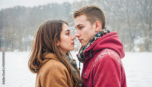 Obraz na płótnie happy young couple enjoying snow at mountains, winter vacation, romance and lifestyle, people background w salonie