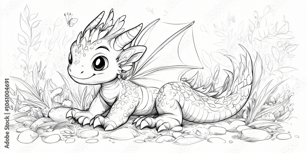 Obraz premium Dragon baby in coloring book, page features drawing of cute sketched animal, monster illustration art with funny cartoon character