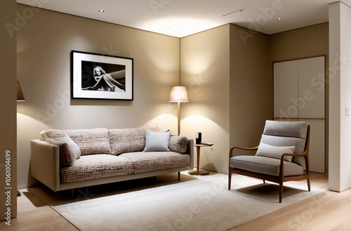 Minimalist, japandi style interior design of modern living room. Boucle sofa and accent armchair against beige wall with frame photo