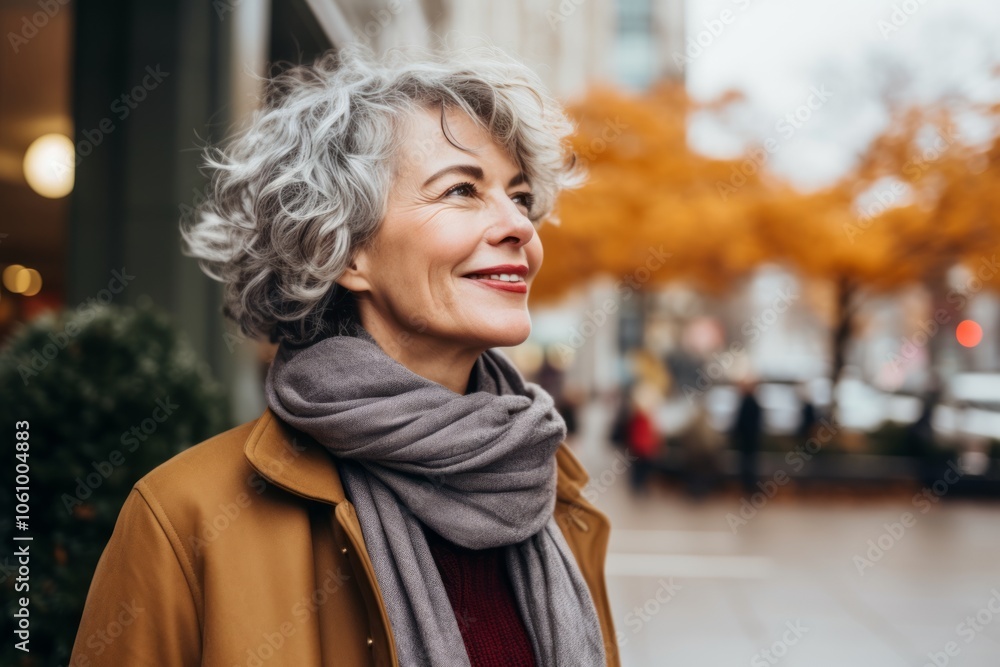 Portrait of a smiling senior woman in a coat and scarf walking in the city Portrait of a smiling senior woman in a coat and scarf walking in the city