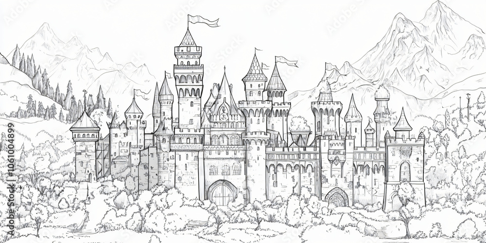 Fantasy castle coloring book page, royal palace outline drawing for children, medieval fortress illustration with towers and flags Fantasy castle coloring book page, royal palace outline drawing for children, medieval fortress illustration with towers and flags