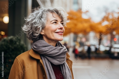 Portrait of a smiling senior woman in a coat and scarf walking in the city