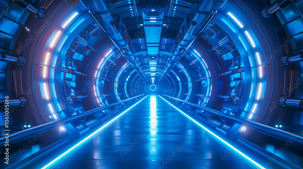 Journey through a futuristic corridor, where neon pulses guide the path to the unknown. Journey through a futuristic corridor, where neon pulses guide the path to the unknown.
