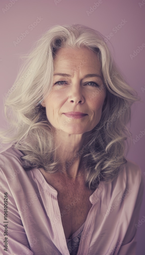 Fototapeta premium Thoughtful Middle-Aged Woman Portrait on Pastel Lavender Background