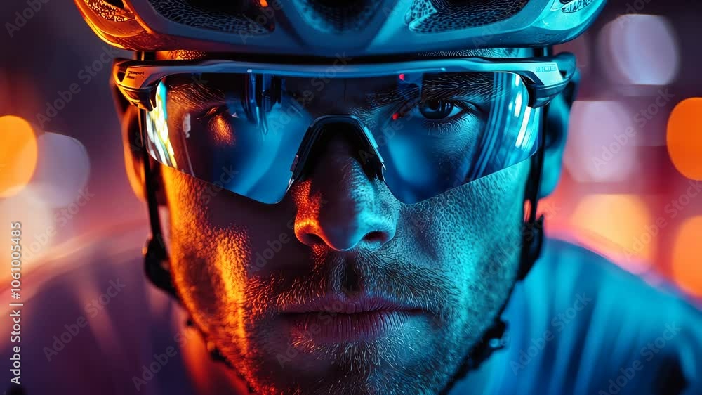 Cyclist showcasing style amidst vibrant neon lights Cyclist showcasing style amidst vibrant neon lights