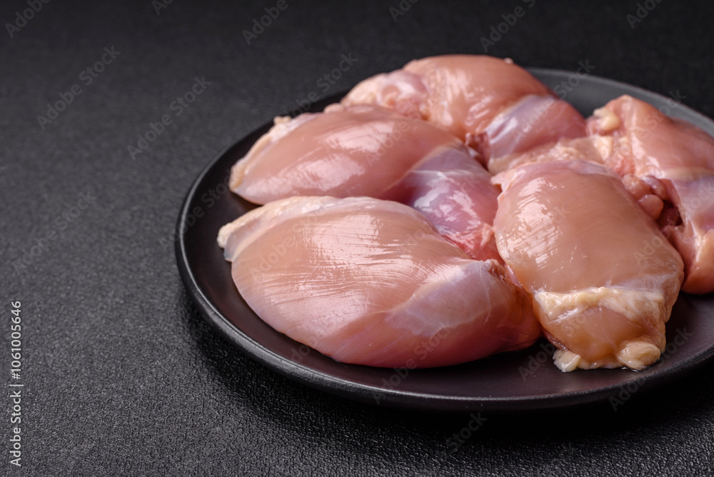 Fresh raw chicken thigh fillets with salt, spices and herbs Fresh raw chicken thigh fillets with salt, spices and herbs