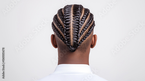 ack view of person with detailed braids hairstyle, showcasing intricate design and craftsmanship, traditional hair culture and style, concept of beauty photo