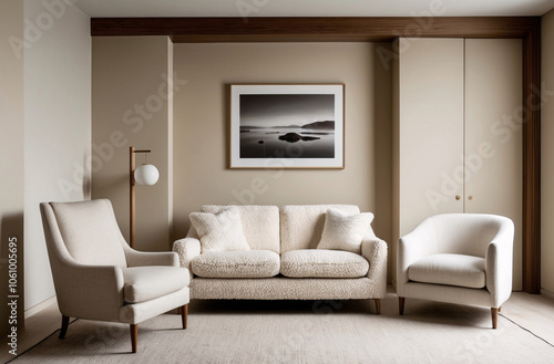 Minimalist, japandi style interior design of modern living room. Boucle sofa and accent armchair against beige wall with frame.
 photo